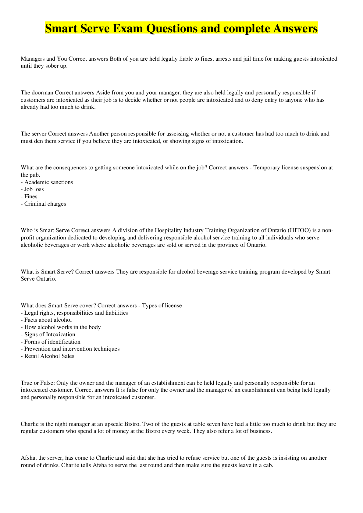 Preview image for Smart Serve Exam Questions and complete Answers